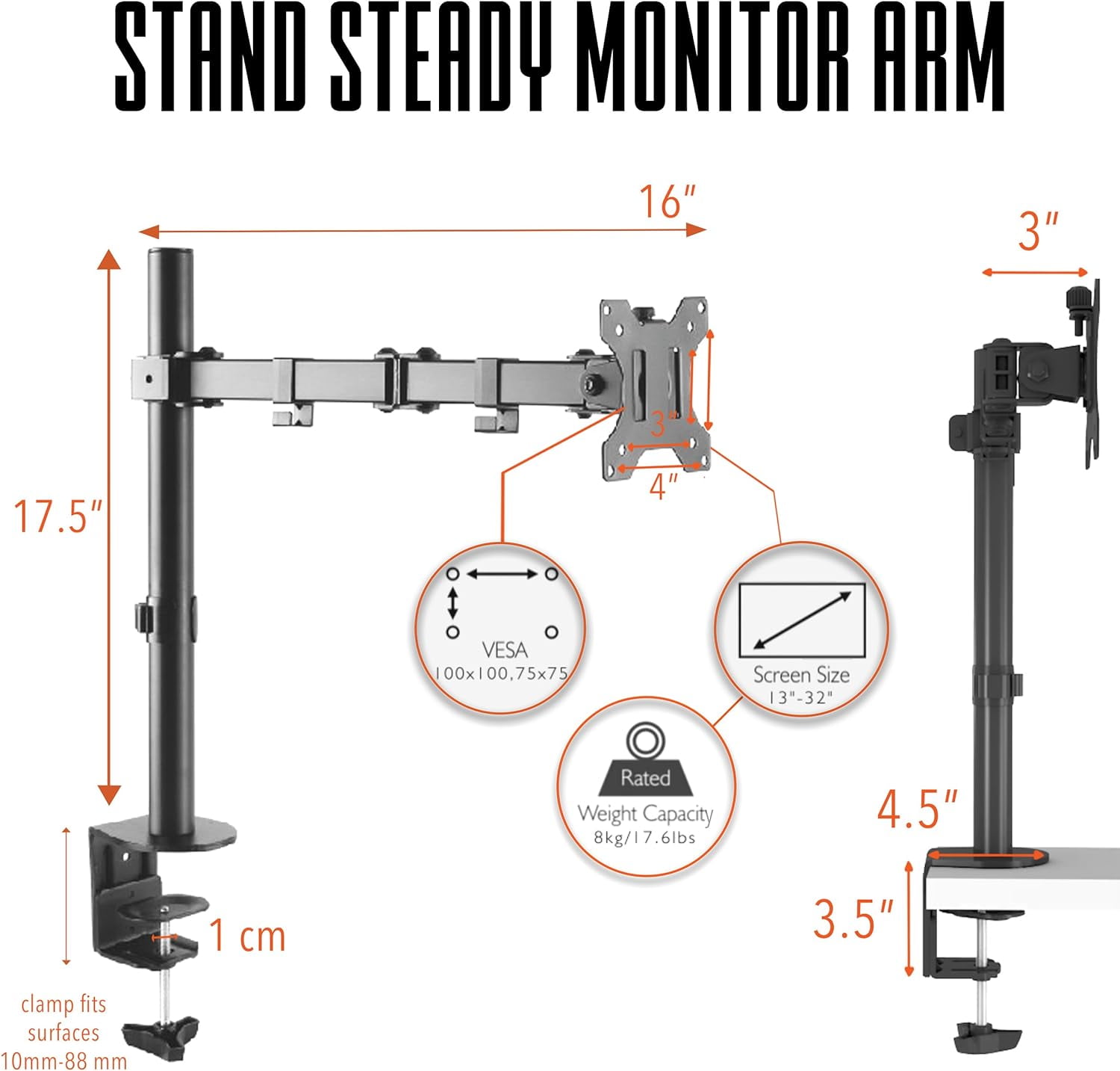 Stand Steady Dual Monitor Mount| Clamp-On Height Adjustable Monitor Arm Vesa Mount | Fits 1 Screen 13 - 32 Inches | Black