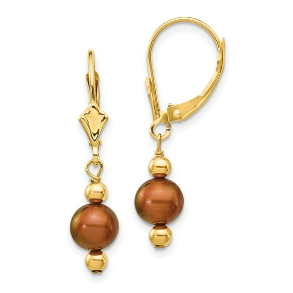 Primal Gold 14 Karat Yellow Gold 5-6mm Semi-round Coffee Brown Freshwater Cultured Pearl Leverback Earrings