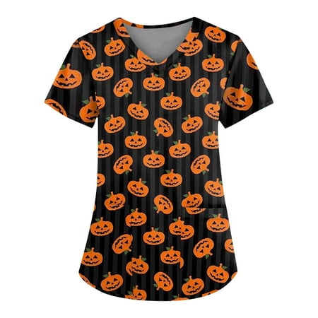 

Knosfe Scrub Tops for Women Workwear Pumpkin Ghost Bat Nurse Medical Maternity Scrubs for Women Short Sleeve V Neck Halloween Womens Winter Tops with Two Pockets Black 4XL