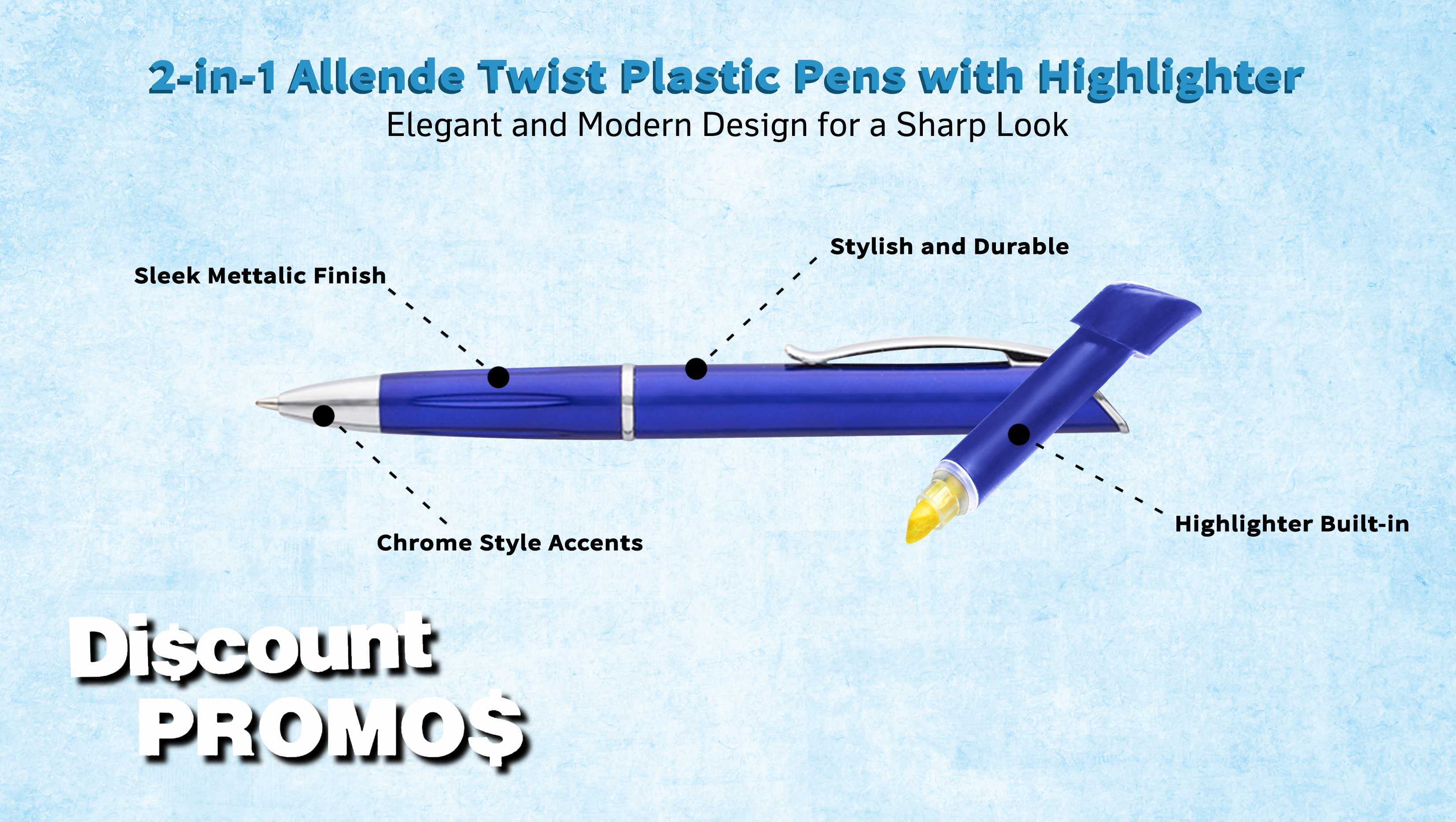10 Allende Twist Plastic Pens with Highlighter Pack - Stylish, Durable, Black Ink - Blue