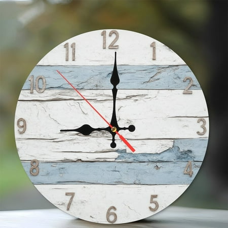 Rustic Wall Clock Distressed Blue White Farmhouse Decor 10-Inch Silent Wooden Wall Clock, Battery Operated (AA Batteries Not Included), Artistic Home Decor