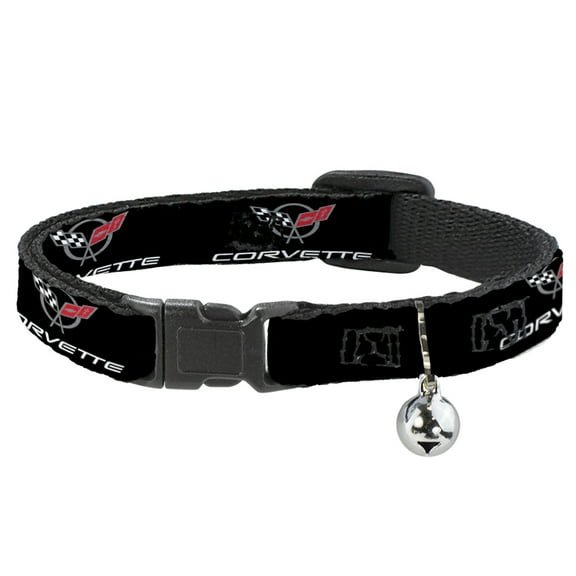 Corvette Breakaway Cat Collar With Bell, Plastic Clip, Easy Adjustable, Corvette C5 Logo Black Gray White Red Repeat, 8.5 to 12 Inches 0.5 Inch Wide