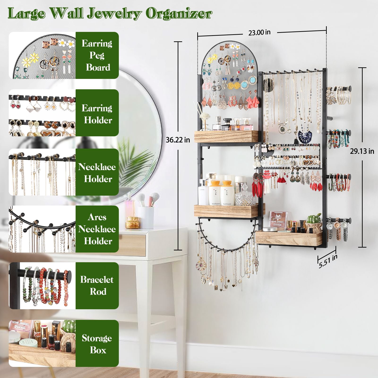 Olakee Large-Capacity Jewelry Organizer Wall Mount with 3 Wood Boxes for Earring, Necklace, Bracelet, and Perfume Display, Girls & Women, Modern, Brown