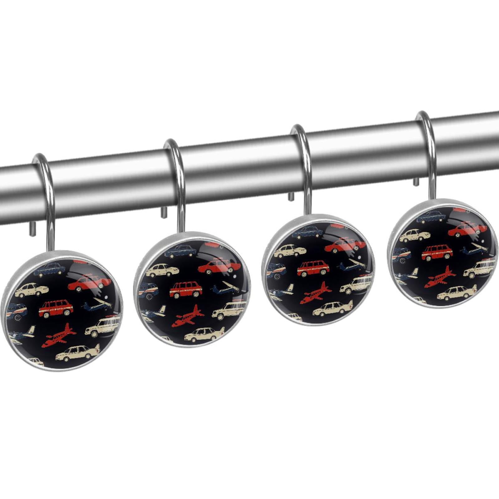 Taxi Car and Airplane Shower Curtain Hooks Round Crystal Glass, Set of 12 Shower Curtain Rings - Shower Hooks for Curtain Shower Rings