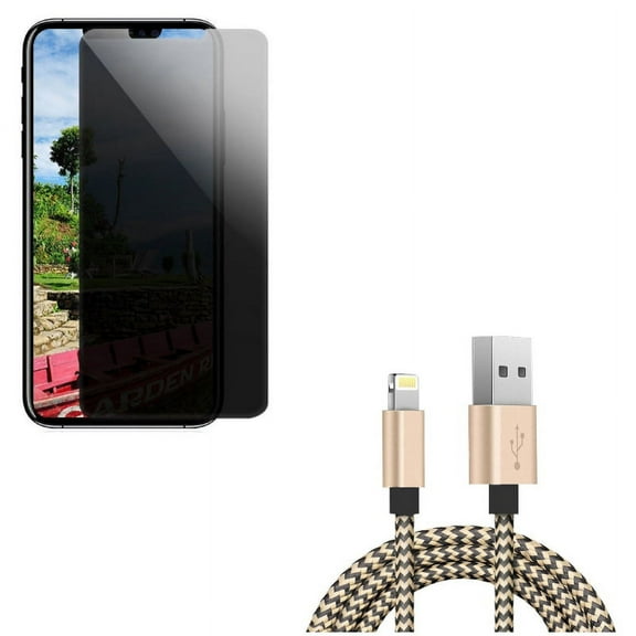 USB Cable w Privacy Screen Protector for iPhone XR - 6ft Charger Cord Power, Tempered Glass Curved Anti-Spy Anti-Peep