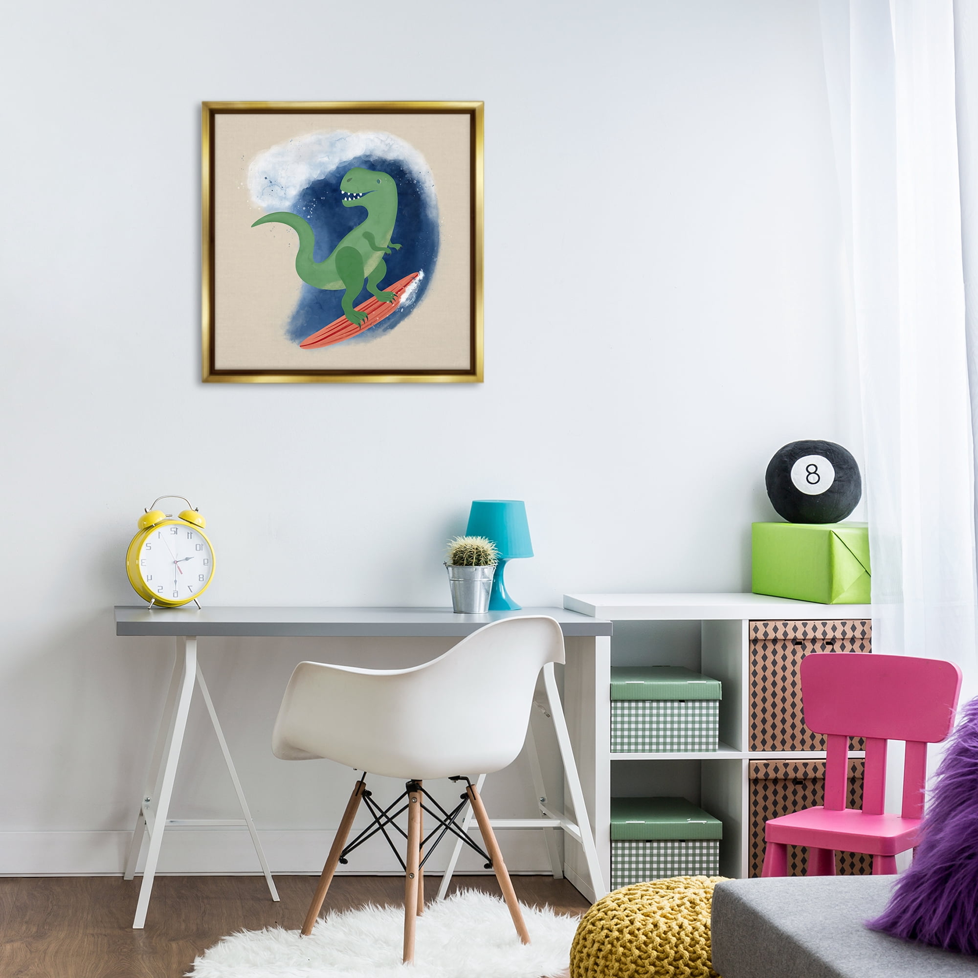 Stupell Industries Surfing Dino T-Rex Novelty & Humor Painting Gold Floater Framed Canvas Art Print Wall Art, 25 x 25