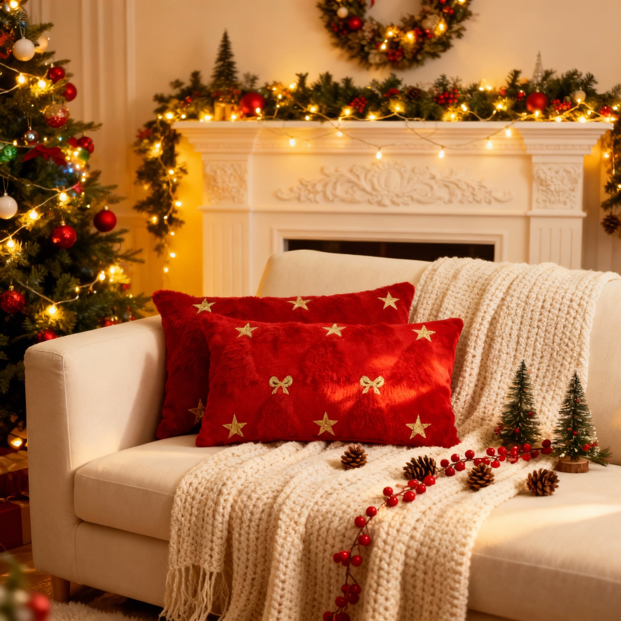 Gynky Christmas Tree Throw Pillow Covers Set of 2, 12"x20" Soft Fluffy Boho Pillowcases Home Decor Winter Holiday Cushion Cases for Sofa Couch Bedroom Living Room Xmas Decoration, Red
