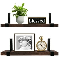 Lavievert Wall Mounted Floating Shelves Set of 2, Rustic Wood Storage Rack with Industrial L-Shaped Metal Bracket for Bedroom, Living Room, Bathroom, Kitchen, Office - Rustic Brown