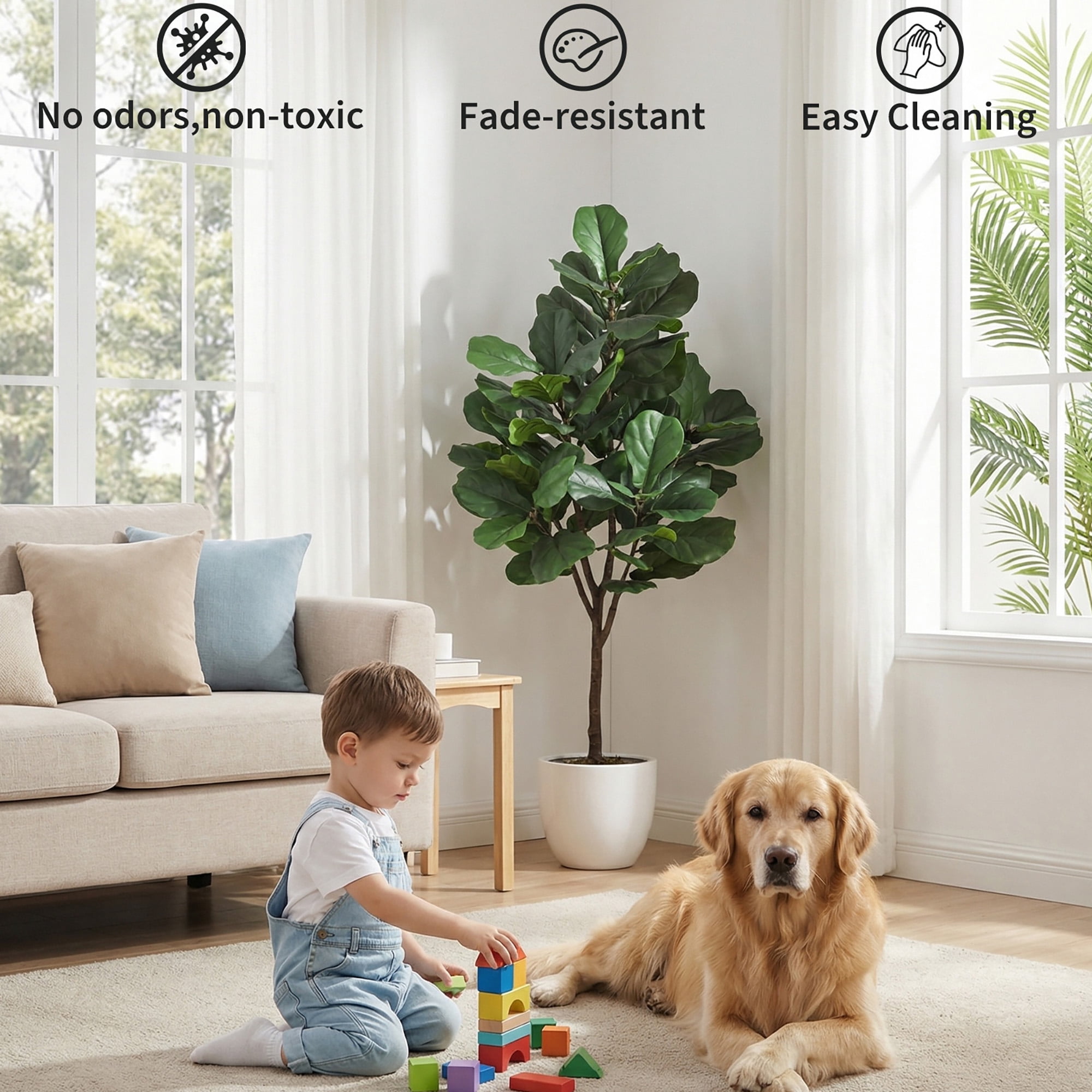 Artificial Fiddle Leaf Fig Tree 5FT Tall, Faux Ficus Lyrata Plant with Realistic Silk Leaves in Pot, Fake Floor Plant for Indoor Home Office Decor
