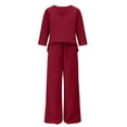 thumbnail image 7 of VISALY Plus Size Summer Gauzy Linen Sets for Women Deep V Neck 3/4 Length Sleeve Tunic Shirt Elastic Waist Wide Leg Pants with Pockets Dressy Casual Loose Peasant Beach Vacation Outfits Wine 4Xl, 7 of 7