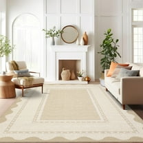 Hasoo Large Washable 9' x 12' Area Rug for Living Room Bordered Rug Scalloped Geometric Pattern Non-Slip Indoor Decor Carpet, Beige