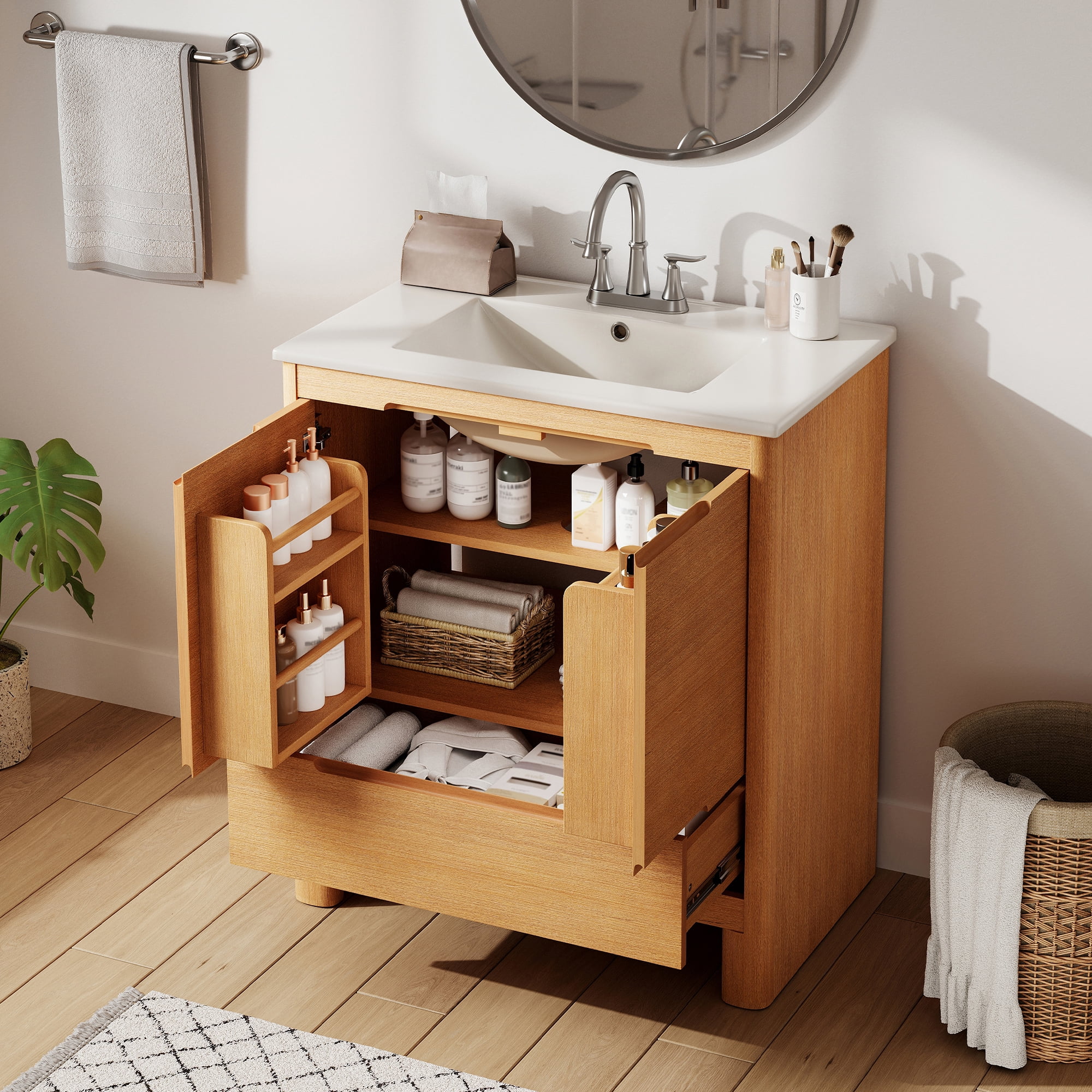 Harper & Bright Designs 30" Freestanding Bathroom Vanity Cabinet with Sink, Bathroom Sink Storage Cabinet with Soft-Close Doors & Drawer, Adjustable Shelf, Single Sink Bathroom Vanity Set, Oak