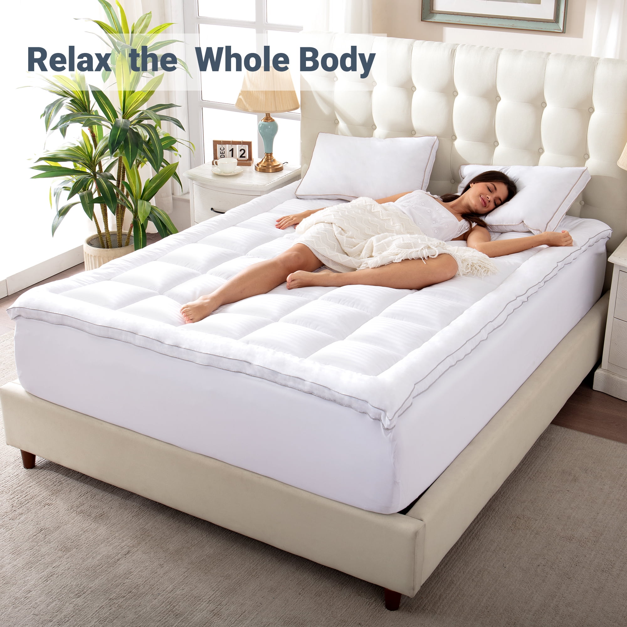 Yalamila Queen Size Mattress Topper,400TC 100%Cotton Cooling Mattress Pad Cover Extra Thick Alternative Fill Pillow Top Cooling Bed Topper and Hotel Mattress Protector