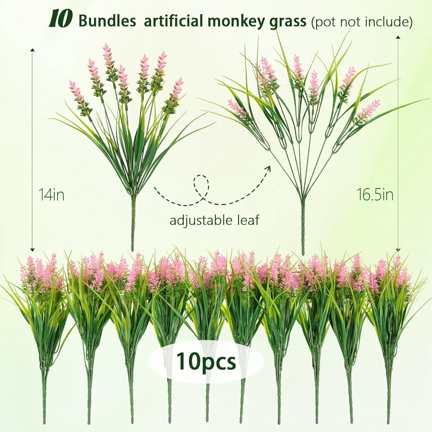 N&T NIETING 10 Bundles Artificial Plants Outdoor, Fake Monkey Grass with Flowers, UV Resistant Fake Plants for Garden Window Office Patio Hanging Planter Pathway Front Porch Home(Pink)