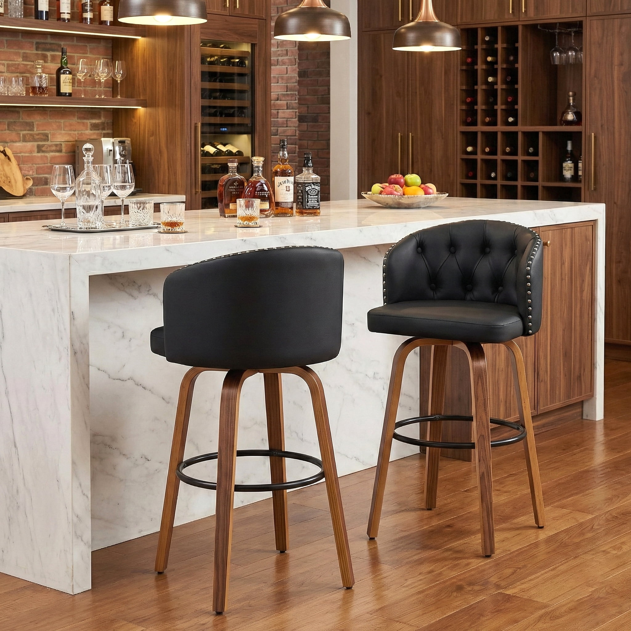 Fahomiss 26" Swivel Counter Height Bar Stools with Back Set of 2, Black Leather Kitchen Stools