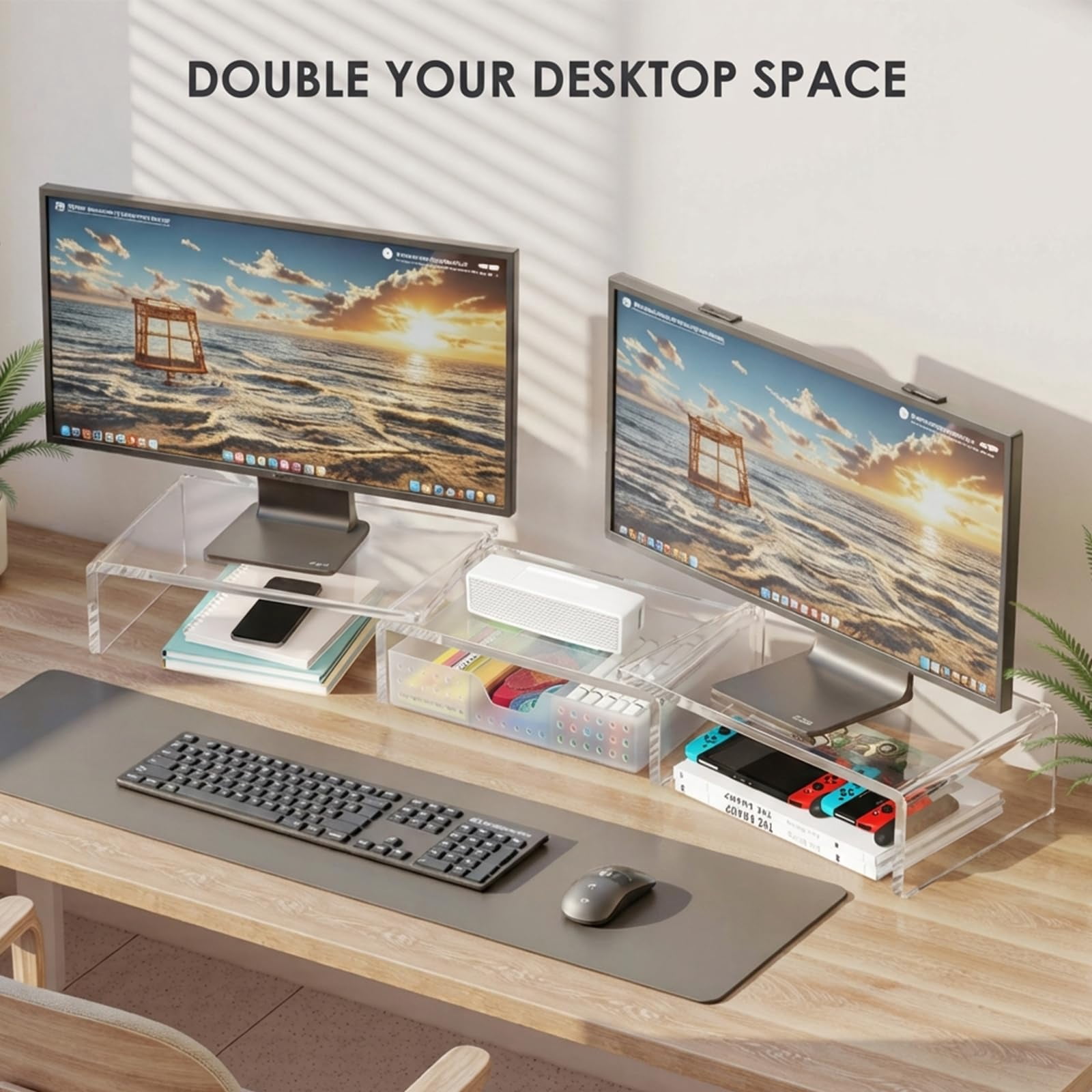 Clear Desk Organizers And Accessories  Dual Monitor Stand Riser With Drawer Shelf Computer Racks For Office Workspace Desktop Organization (transparent)