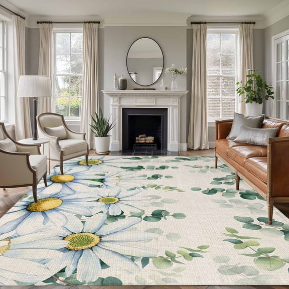 5'x7' Area Rugs for Living Room Bedroom, Daisy Eucalyptus Leaves Washable Rug Carpet Runner Indoor Outdoor, Rustic Weeping Botanical Linen Non Slip Floor Mats Area Rug for Kitchen, Nursery