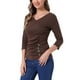 thumbnail image 4 of Blusa de mujer con fruncidos Inspire Chic, decoración de botones, cuello en V, manga 3/4, top de punto sólido, talla XS, marrón café, 4 of 5