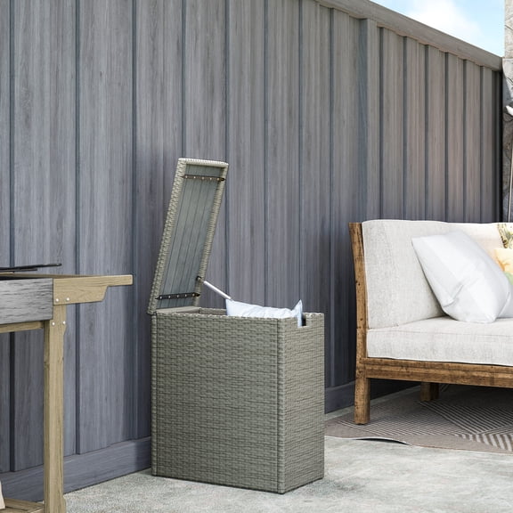 Outsunny 17-Gallon Small Deck Box, UV Resistant Wicker Outdoor Storage Box with Slatted Acacia Wood Top for Patio Cushions and Garden Tools, Gray
