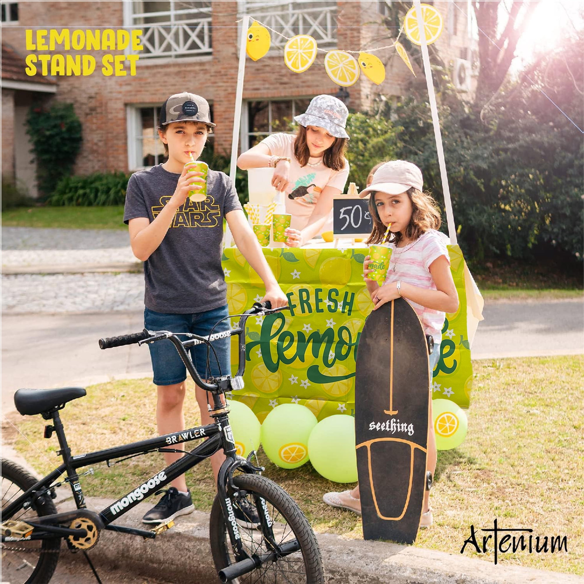Green Fresh Lemonade Stand Supplies, Lemonade Stand Kit, Includes 3.5L Drink Dispenser, Lemonade Cups, Paper Straws, Garland, Latex Balloons, Board, Fresh Lemonade Banner (Stand NOT Included)