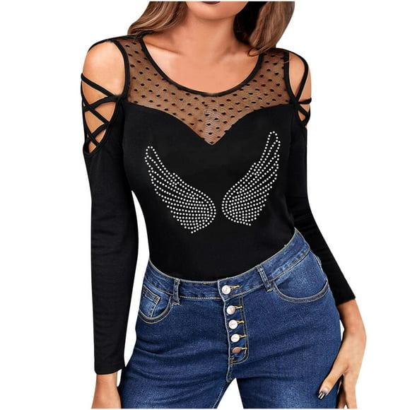Rhinestone Tops for Women Valentine Shirts Mesh Splicing Blouses Hollow Out Long Sleeve Top Sexy Slim Fit Blouse