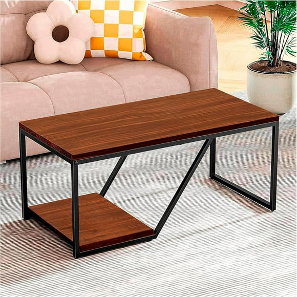 UTILIA Mesa de Centro para Sala Rectangular de 2 Niveles Mesa de Cafe con Estante de Almacenamiento Diseno Industrial Abierto y Estructura Metalica Estable 105 x 50 x 43 cm
