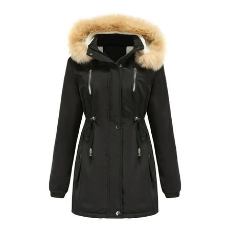 Jacenvly Winter Jackets Women Clearance Solid Quilted Jackets Comfortable Warm Long Sleeve Outerwear Drawstring Hoodlies Zip-Up Pocket Jacket New Style Knee-Length Tops