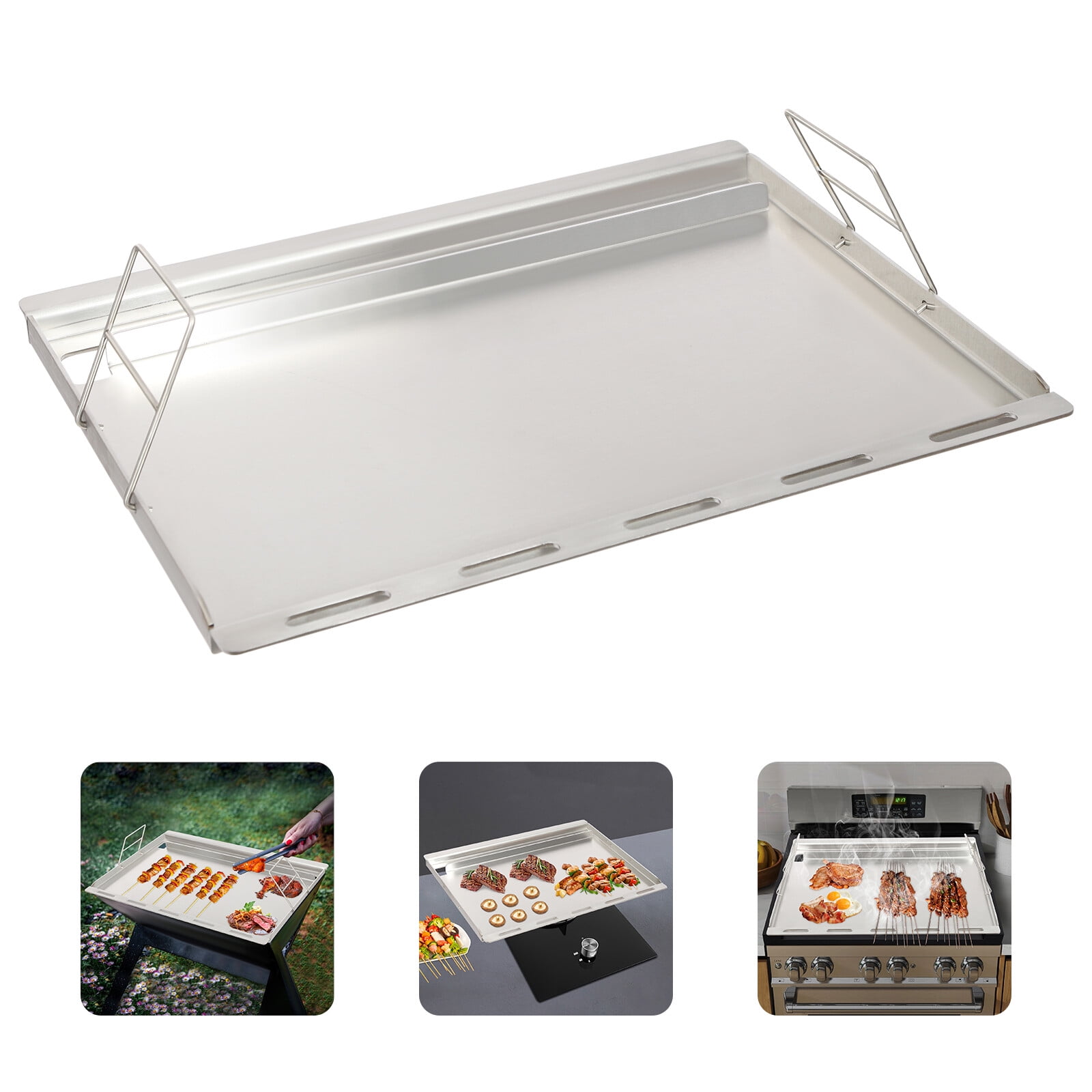 ToppiJoy 25" x 19" Rectangular Stainless Steel Cooking Griddle for Outdoor Gas Grill, Universal Flat Top Cooking Griddle with Removable Handles for Gas Grill/Charcoal/BBQ Stove Top