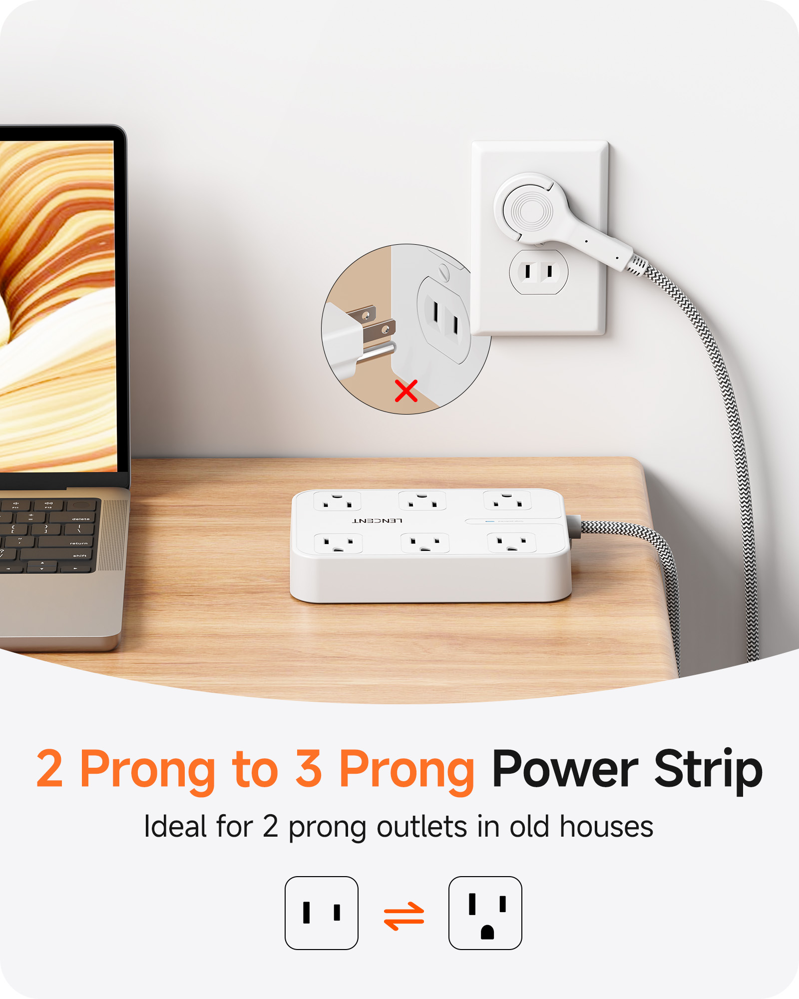 LENCENT 2-Prong Power Strip with 6ft Extension Cord photo 8