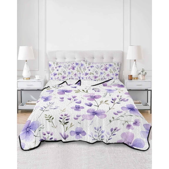 Quilts Queen Size, Purple Spring Floral Soft Comforter Bedding Set for Bed, Pastoral Botanical Watercolor Lightweight Quilted Bedspread with Pillow Cover(2 Pieces) for All Season, 90x96 Inch