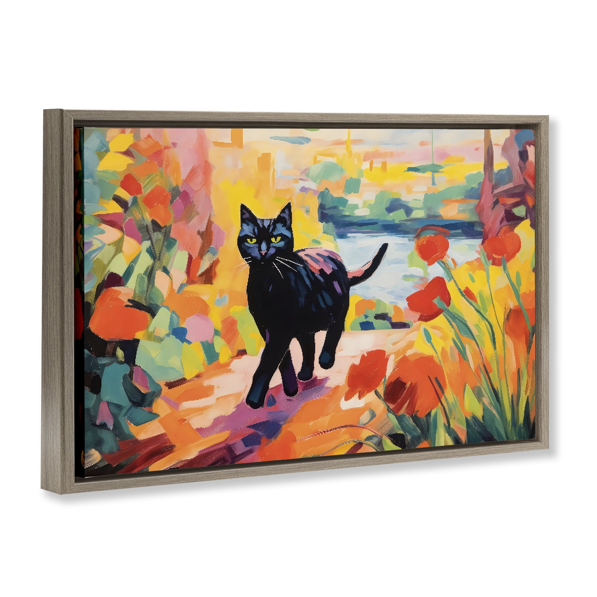 Stupell Industries Sunlit Black Cat in Garden Brown Framed Floater Canvas Wall Art, design by Creative Studio