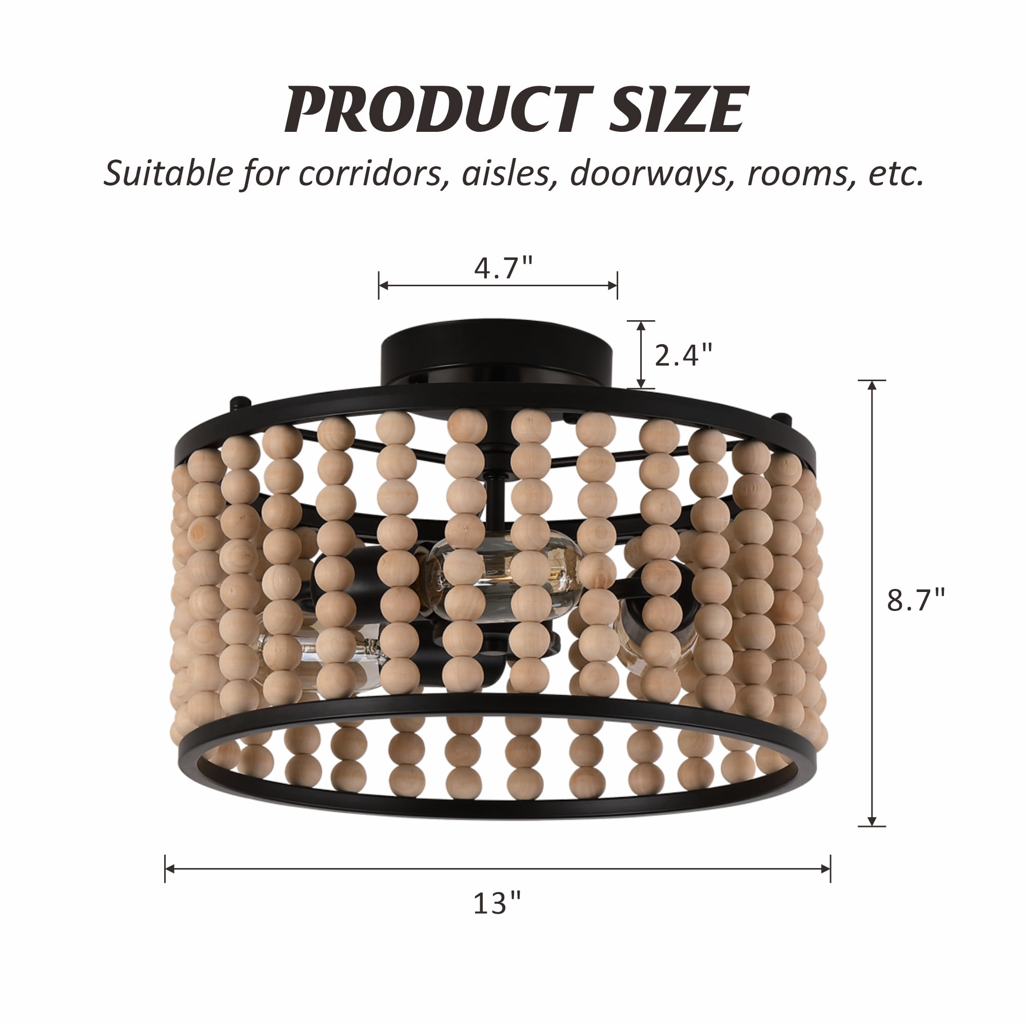 GCGAFUL Bohemian Wood Beaded Flush Mount Ceiling Light. It is an Rustic 3 Light. The 13 Inch Mini Round Black Version Is Suitable For Girls' rooms, Bedrooms, Hallways, With E26 base.
