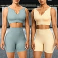 thumbnail image 3 of Conjunto de yoga acanalado para mujer, top corto de manga larga, pantalones cortos, conjunto de mallas, traje de fitness sin costuras, ropa activa sólida para gimnasio, ropa de entrenamiento, 3 of 5