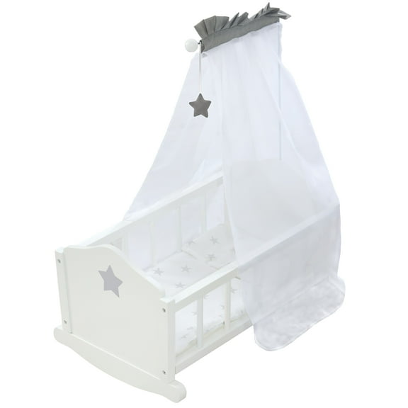 Roba Doll Cradle Set in Gray & White- Includes Hanging Mobile, Pillow, Blanket & Canopy, Children Ages 3 