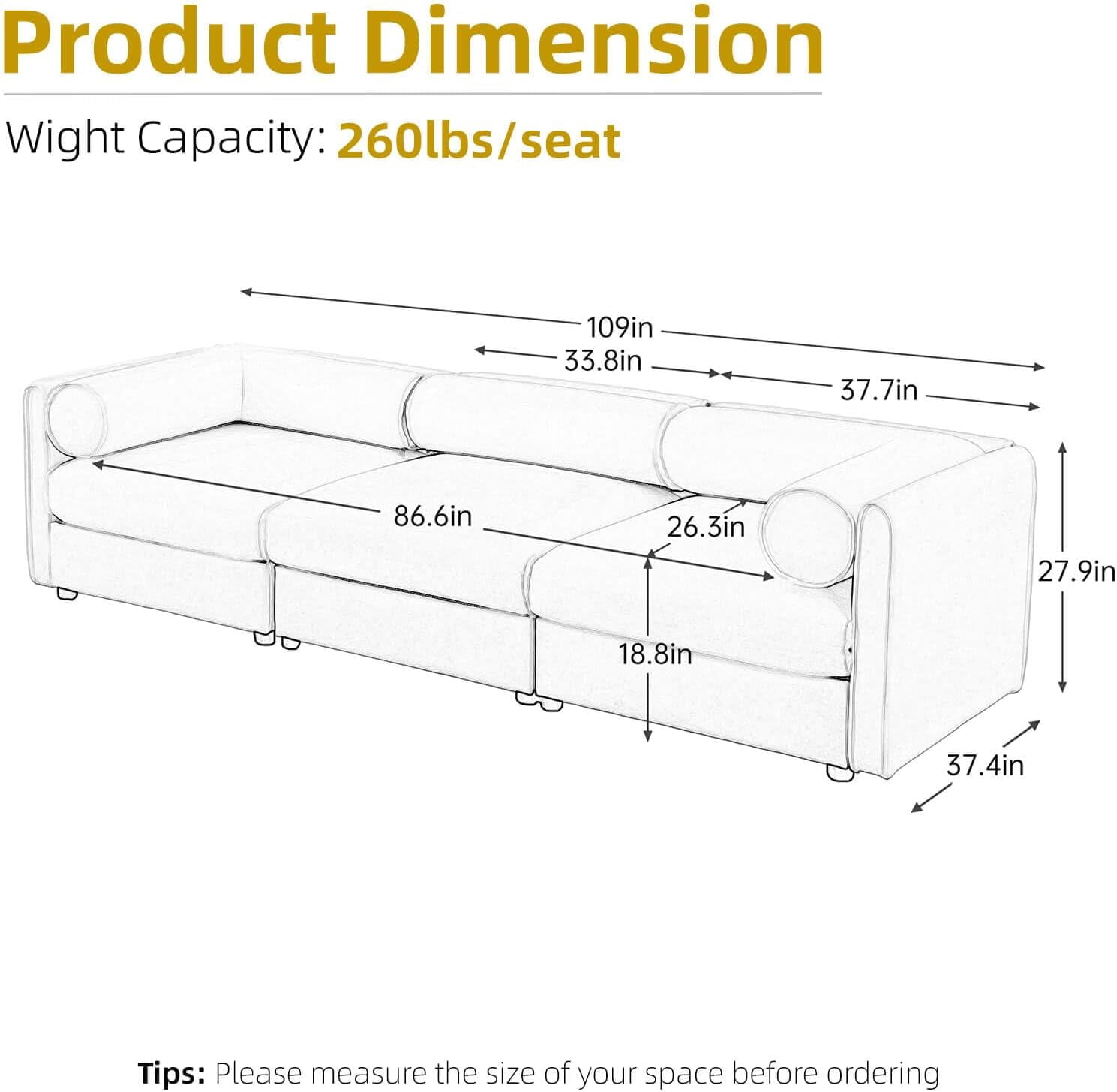 109'' Deep Seat Chenille Storage Seat,Cylindrical Backrest & Armrest Design,Modern 3-Seater Sectional Couches for Living Room, Office, Apartment - White