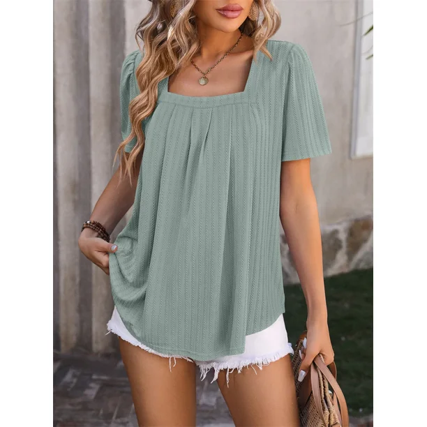 Camiseta de Jacquard plisada con cuello cuadrado para mujer, camisetas de manga corta de burbuja, Tops de Color sólido, camisetas informales de viaje para mujer, estilo dulce