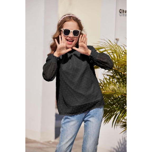 Arshiner Girls Long Sleeve Shirts Chiffon Blouses Swiss Dot Frill Neck Casual Loose Cute Top Tee