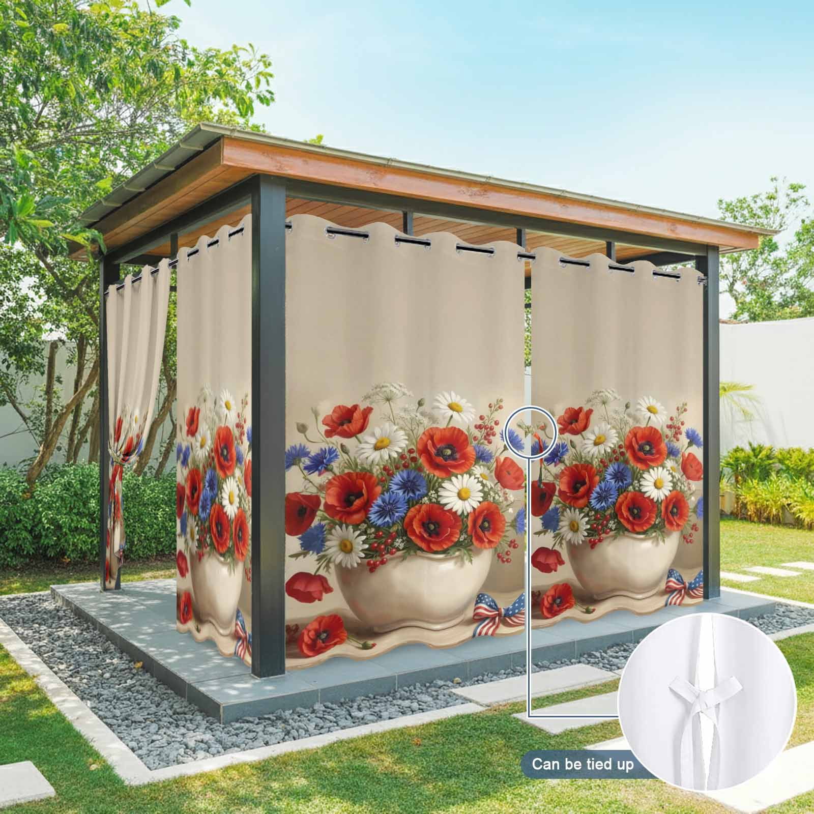 Independence Day Outdoor Curtains for Patio, Summer Red Blue White Floral Vase Sunshade Privacy Drapes Grommet Waterproof Outside Curtains for Porch/Cabana/Balcony 54"x 108", 1 Panel