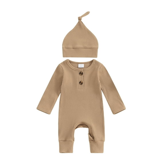 Musuos NewBorn Baby Girls Boys Autumn Romper 3 6M Long Sleeve Crew Neck Solid Color Ribbed Button Jumpsuit with Hat