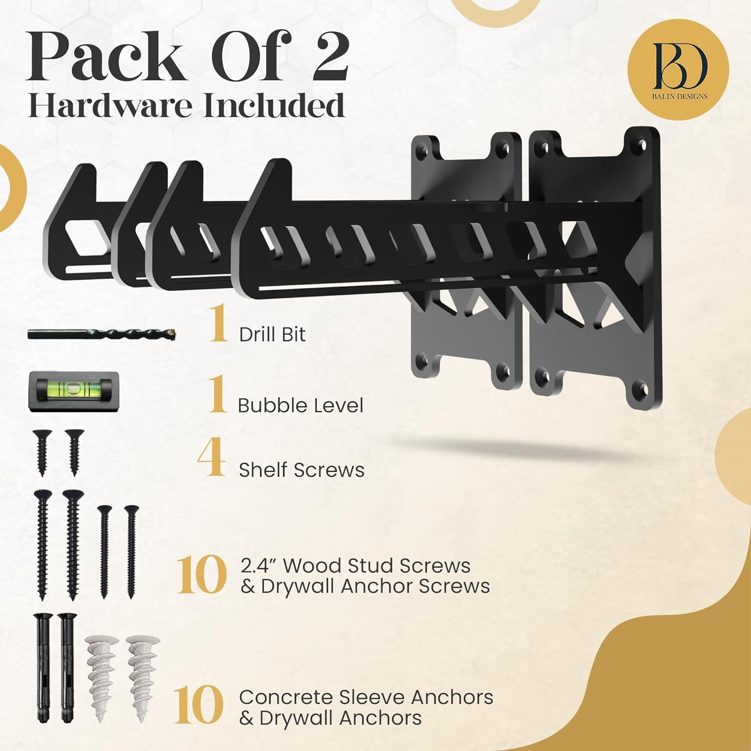 Heavy-Duty Garage Shelving Aide Hooks by Balin Designs (Black) Utility Brackets for 6” - 8" Shelves with Included Hardware, Ideal for Workshop, Garden Tools, and Electronic Item hangings (Set of 2)