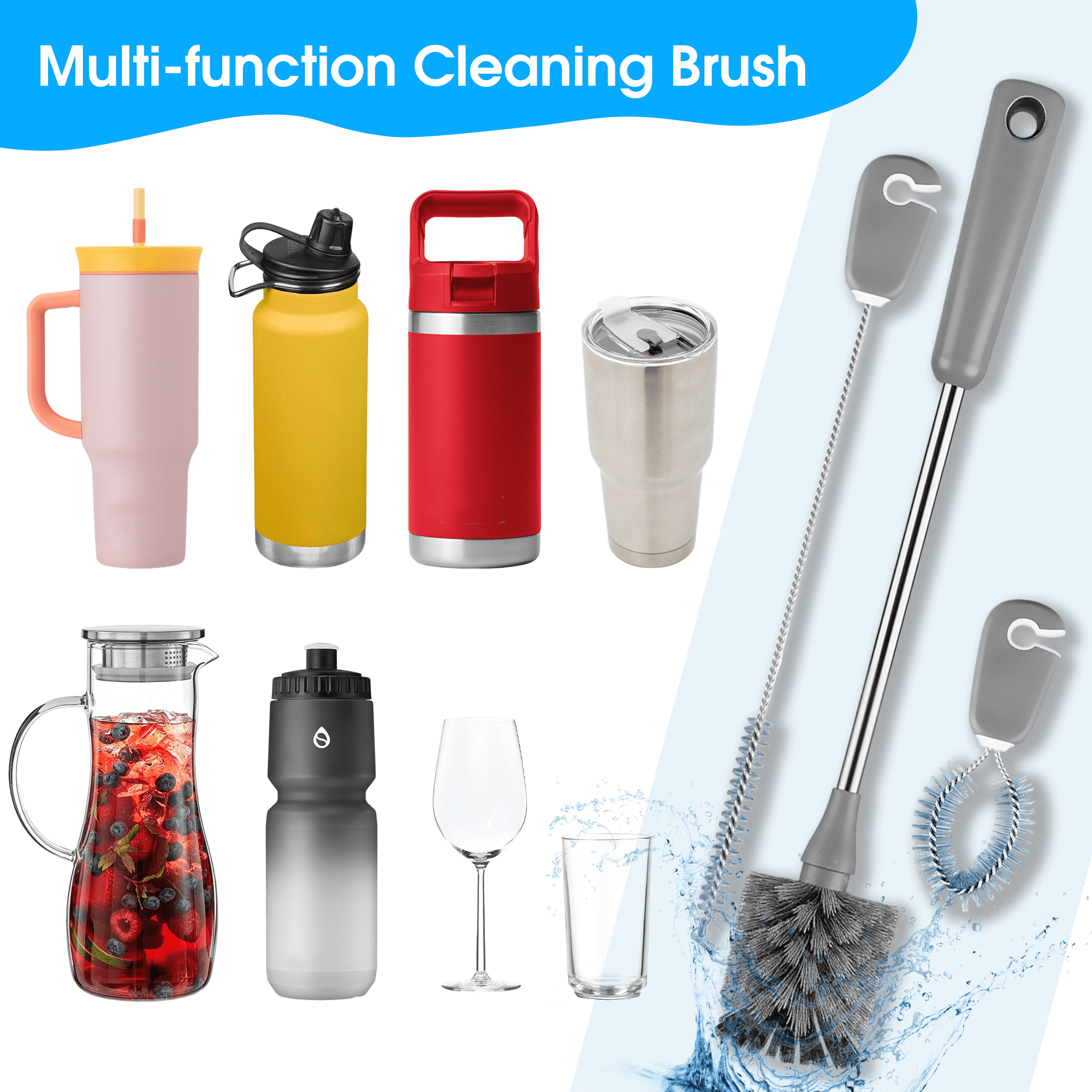 Bottle Brush Set, 3-in-1 Long Handle Bottle Cleaning Brush Set, Straw Cleaner Brush, Tumbler Brush, Cup Cleaning Brush for Water Bottles, Tumblers and Straws