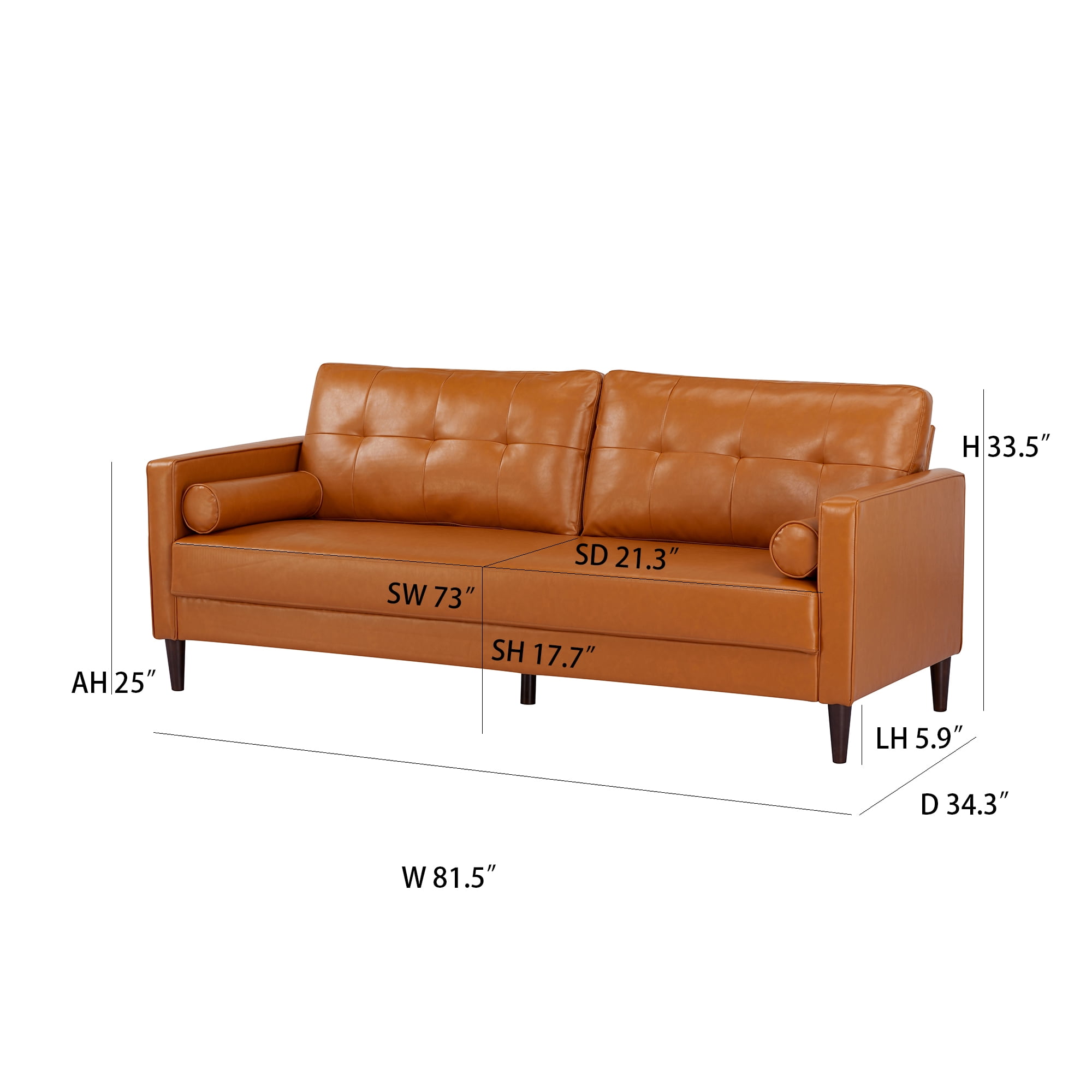 A&D Home Anza 3-Seater Tufted Faux Leather Sofa, Camel
