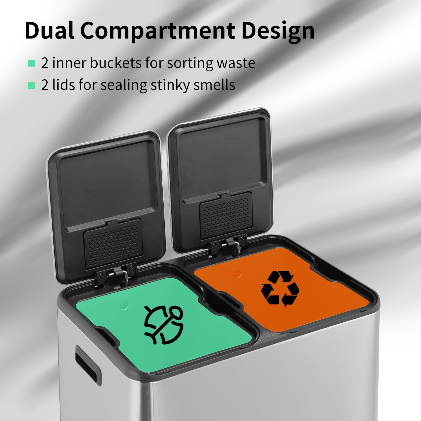 TLSUNNY 16 Gal / 60 L Dual Trash Can, Double Lid Step Bin w/ 2 Odor Control Box & Inner Buckets, for Living Room, Bathroom, Kitchen