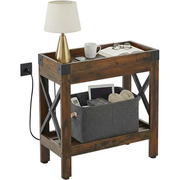 ZEXVIDA Narrow Side Table, End Table,Sofa Side Table, End Table Nightstand for Bedroom, Living Room, Small Spaces with 2 USB and 2 Power Outlets(with Outlets, Rustic Brown)