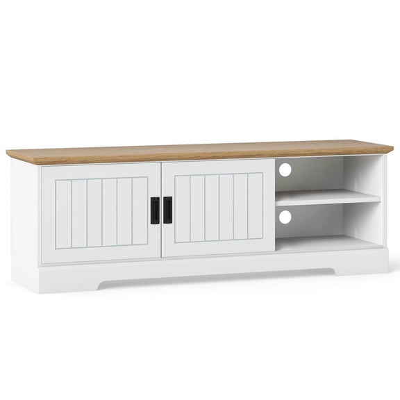 Resenkos Farmhouse TV Stand for 65-Inch TVs with Sliding Barn Doors, White