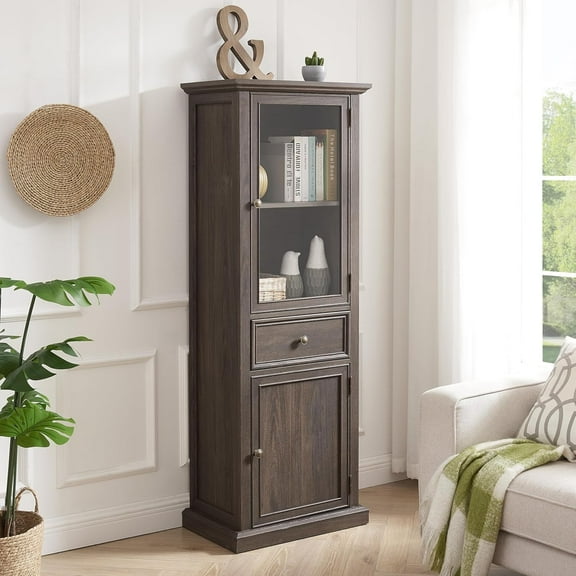 Farmhouse Storage Cabinet,Freestanding Cabinet with 2 Doors and 1 Drawer,Glass Display Cabinet Ample Storage Space for Living Room,Kitchen,Office (Brown)