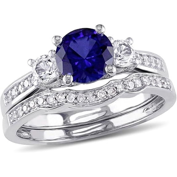 NYS Jewellrs 14K White Gold Plated 2 Ct Round Cut Blue Sapphire & White Diamond Engagement Bridal Ring Set For Women's 925 Sterling Silver -6.5