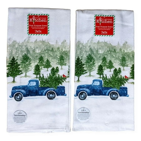 

Set of 2 EVERGREEN WISHES Blue Truck Terry Kitchen Towels by Kay Dee Designs