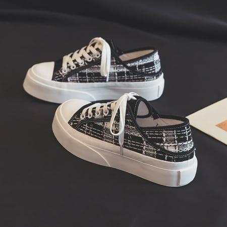 

Women s Canvas Sneakers Platform Thick Hole Plaid Round Toe Lace Up Shoes Women s Footwear