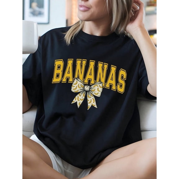 Bananas Shirt With Bow, Funny Baseball Fan Tee, Banana Pattern Game Day Top, Cute Sof